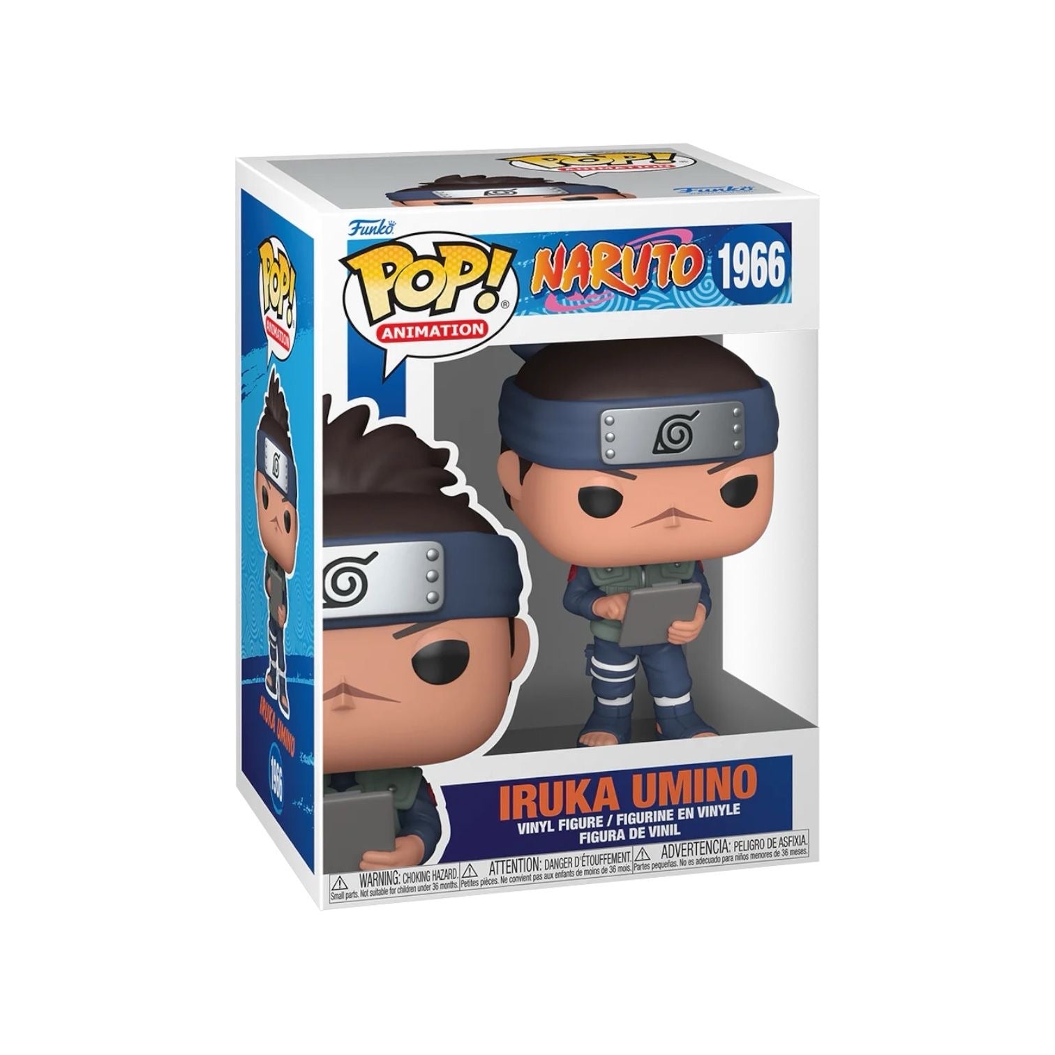 Iruka Umino Funko Pop figure from Naruto, featuring his signature brown hair and ninja outfit, smiling cheerfully.