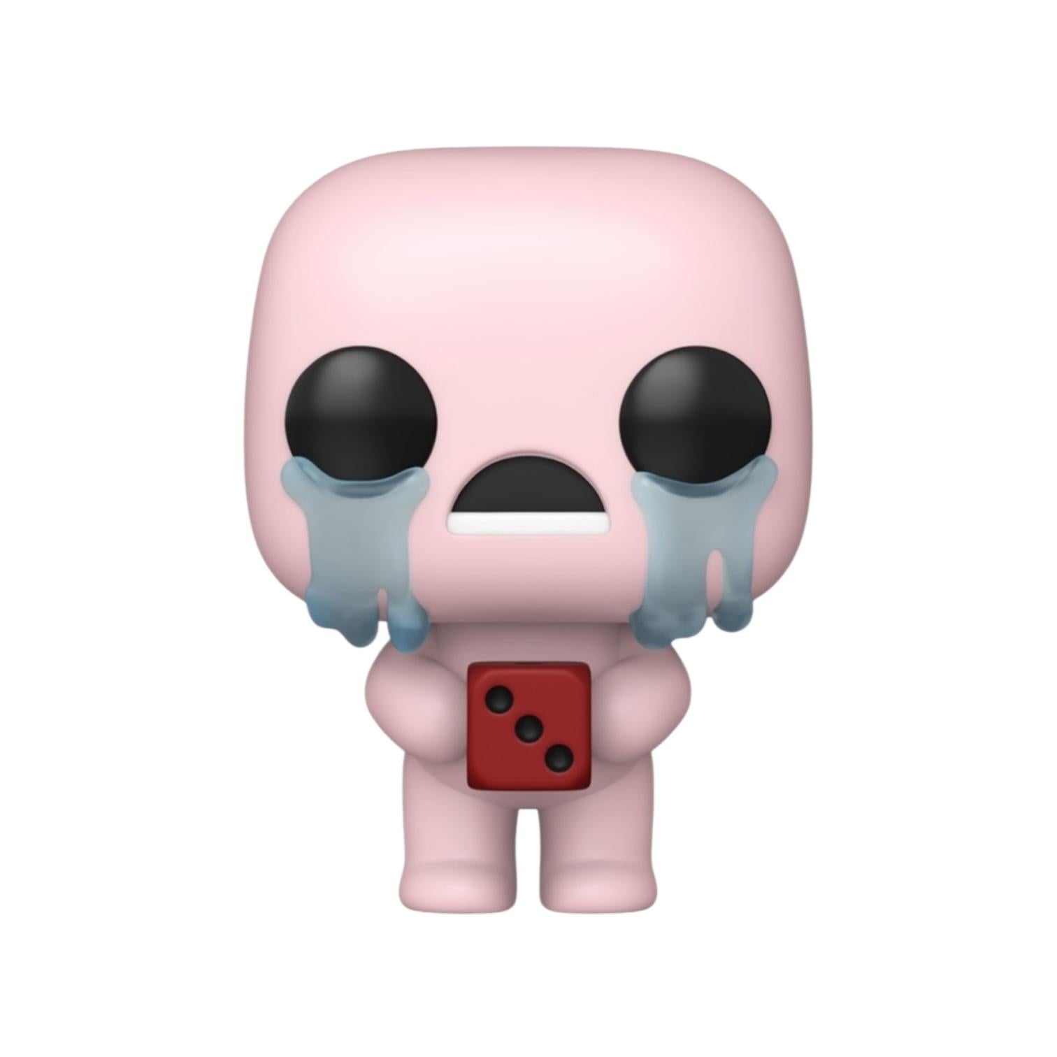 Pink character figurine with black eyes and a red device on a white background