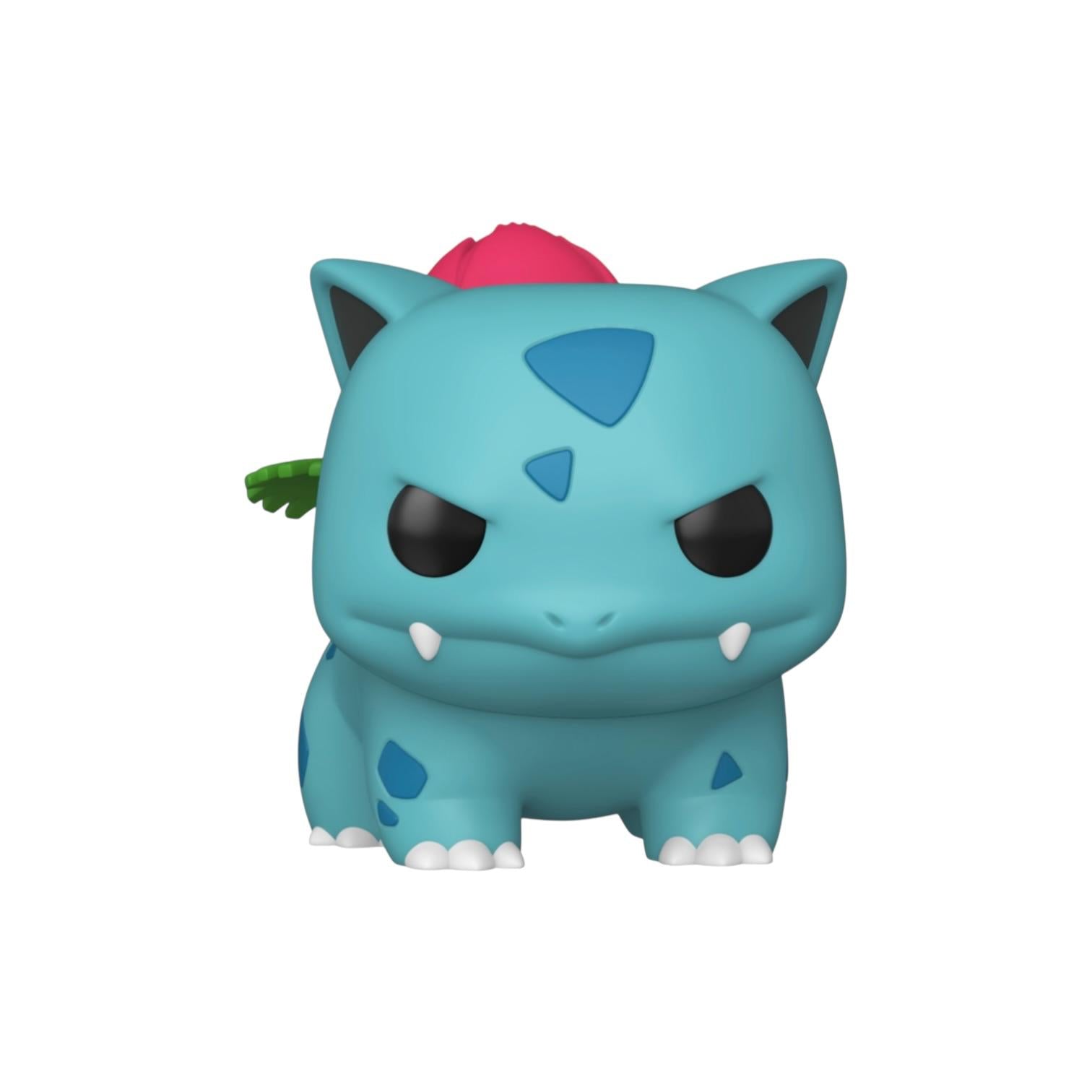 Blue cartoon character with black eyes and a pink object on head against a white background