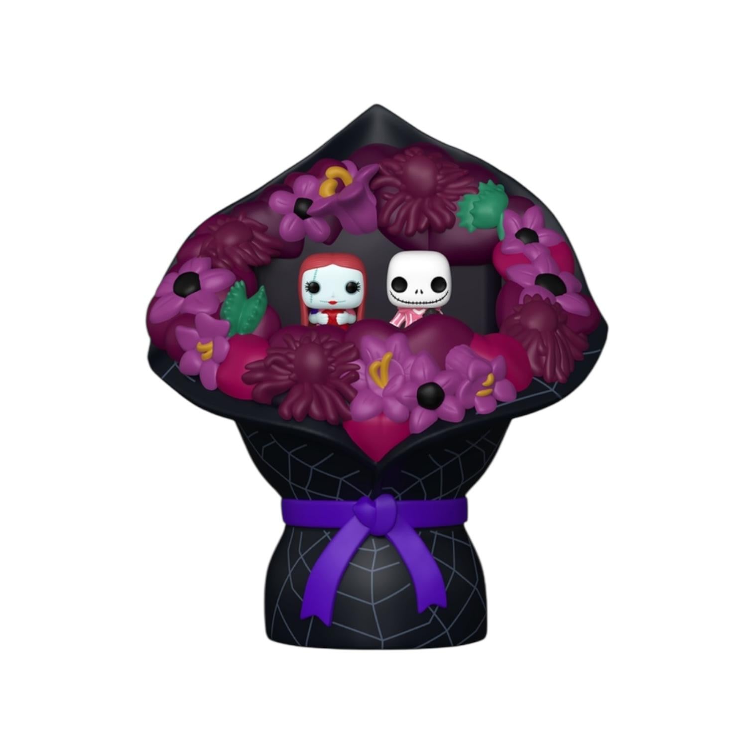 Funko Pop! vinyl figure in a bouquet with flowers and a purple ribbon on a white background