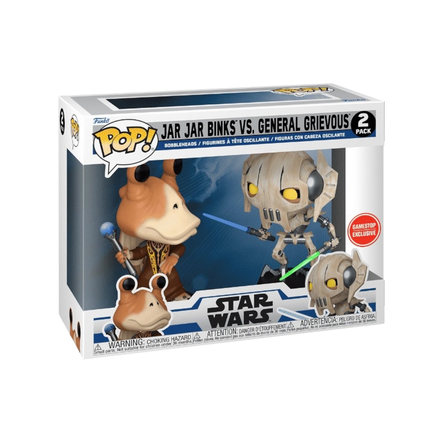 Funko Pop! 2-pack featuring Jar Jar Binks and General Grievous from Star Wars: The Clone Wars, exclusive to GameStop.