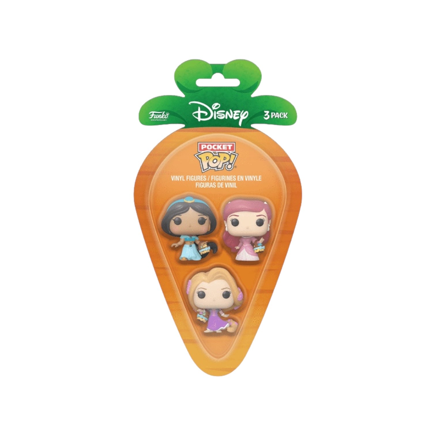  Disney Princesses Jasmine, Ariel, and Rapunzel as adorable Funko Pocket Pop figures, each with a carrot accessory.