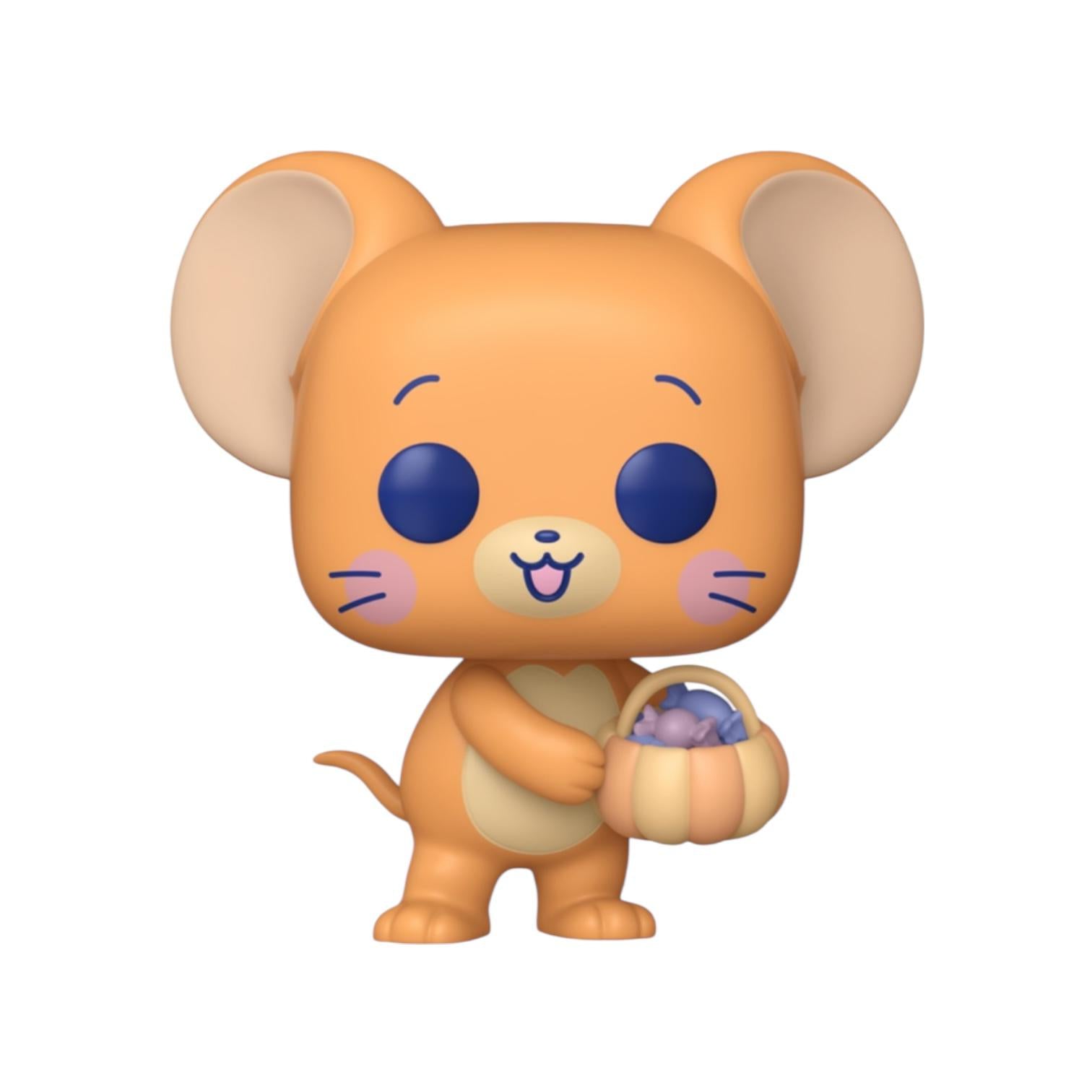 Toy figure of a mouse holding a basket with eggs on a white background