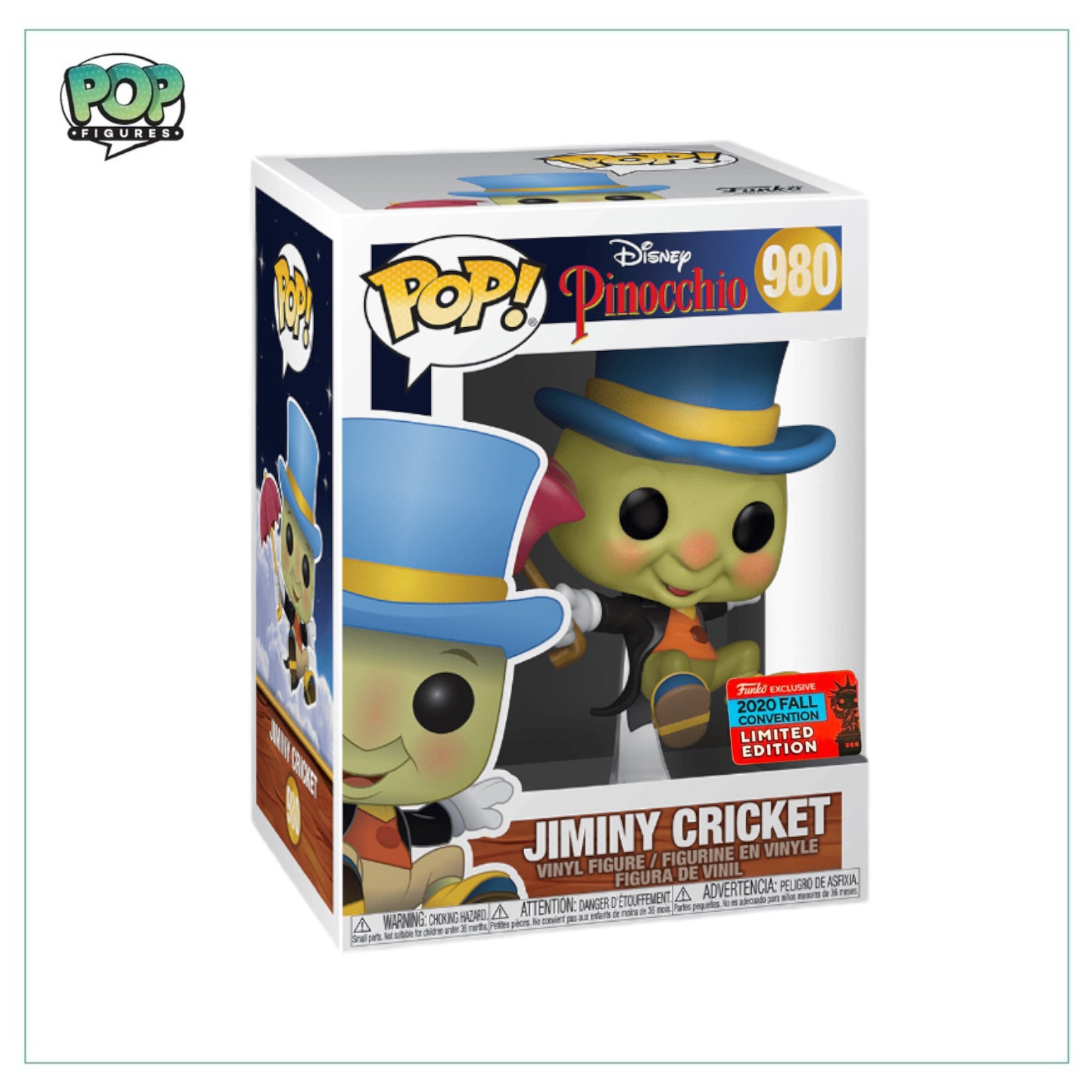 Jiminy Cricket Funko Pop! figure #980 from Pinocchio, a 2020 NYCC Limited Edition collectible with vibrant colors.