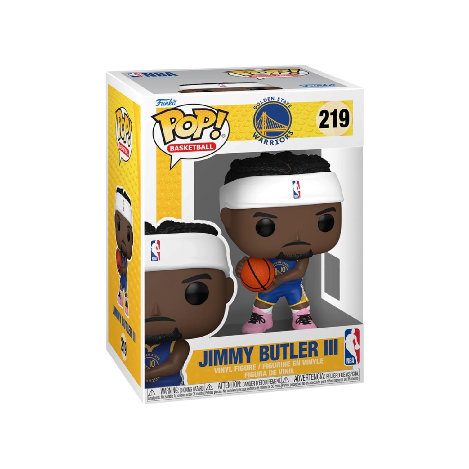 Funko Pop! vinyl figure packaging with Jimmy Butler III, featuring NBA and Golden State Warriors logos.