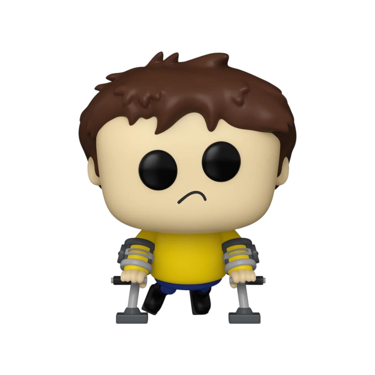 Funko Pop! vinyl figure of a character with brown hair and a yellow shirt, holding weights on a white background.