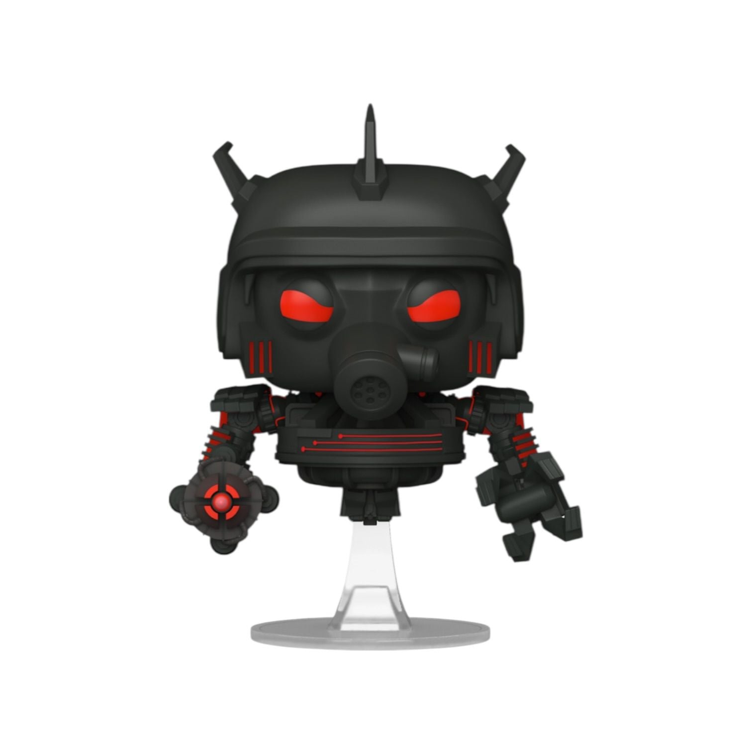 Black and red robot figurine with a clear base on a white background