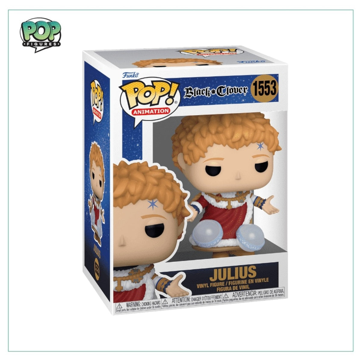 Funko Pop! figure of Julius #1553 from Black Clover, featuring vibrant colors and detailed character design.