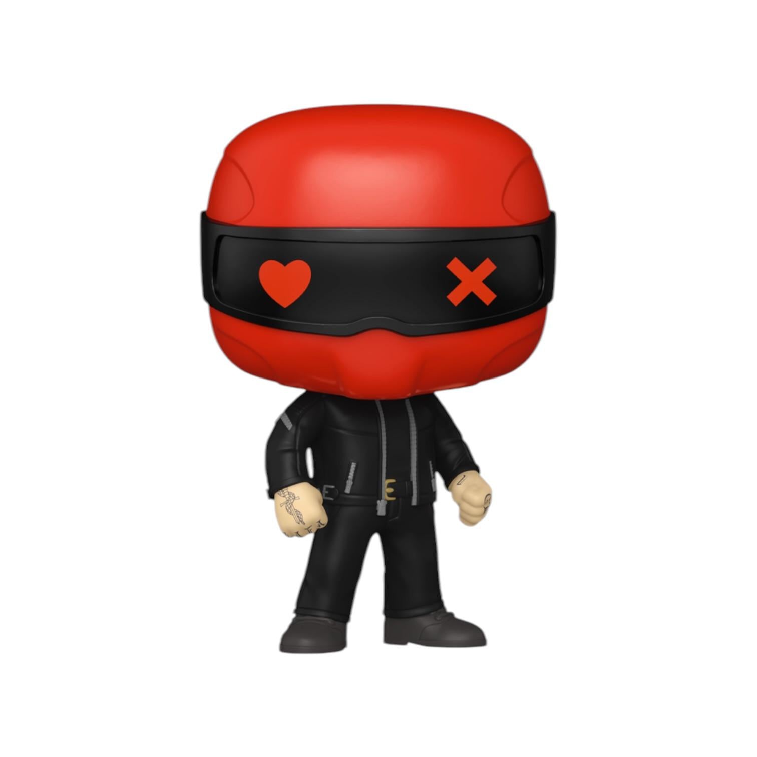 Figurine with a red helmet featuring a heart and cross symbol on a white background