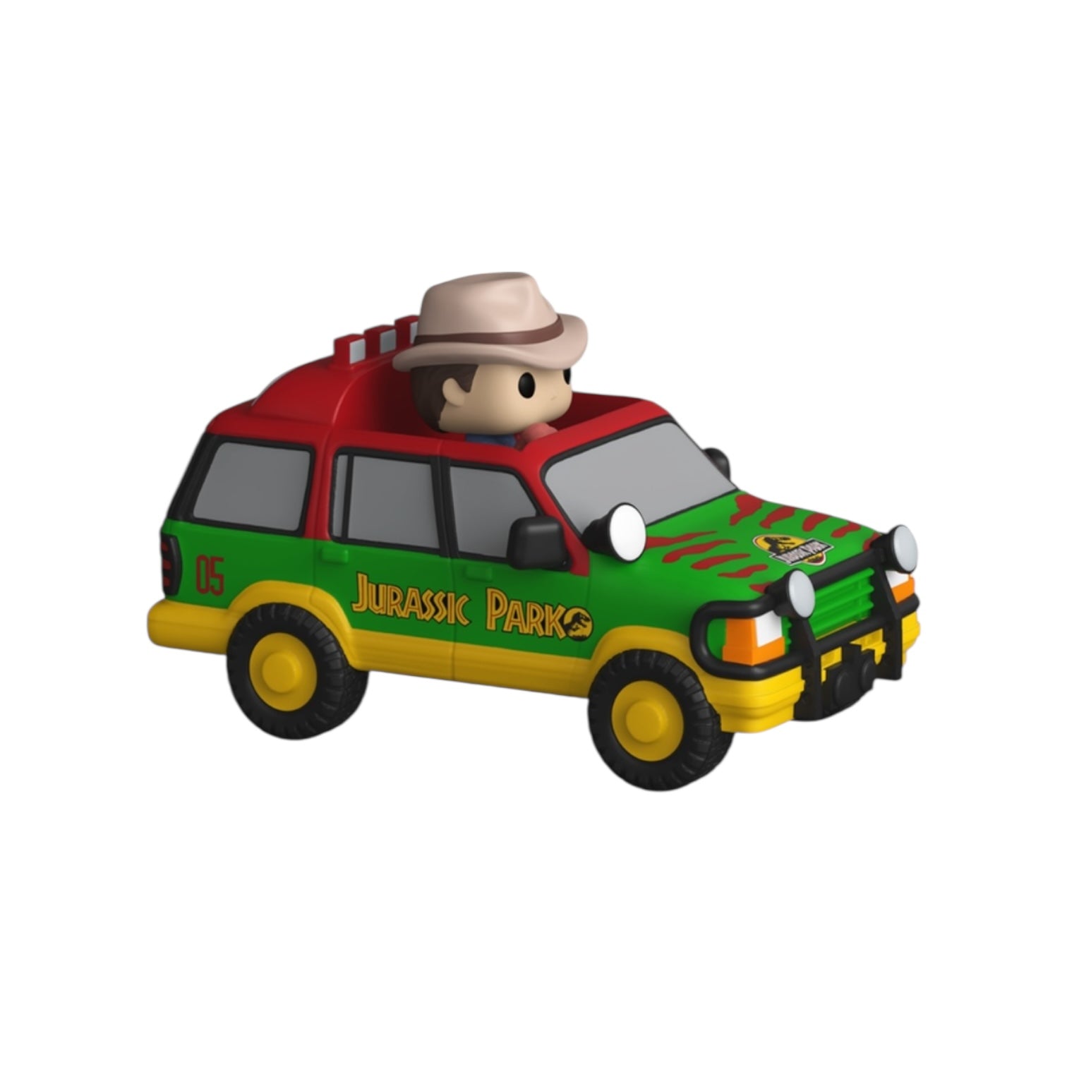 Toy figure in a 'Jurassic Park' vehicle on a white background