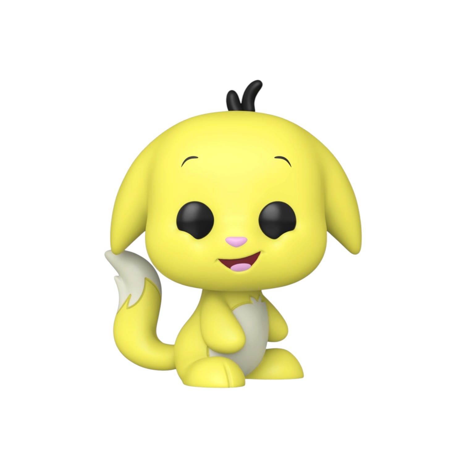 Yellow cartoon character with black eyes and a white paw on a white background
