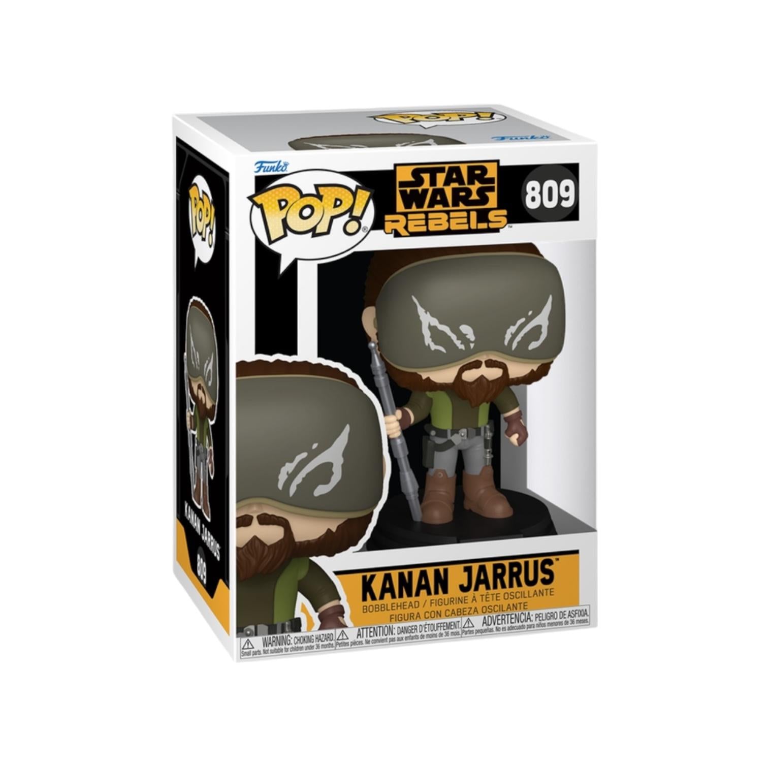 Kanan Jarrus Funko Pop! figure from Star Wars: Rebels, featuring the character in his signature Jedi attire.