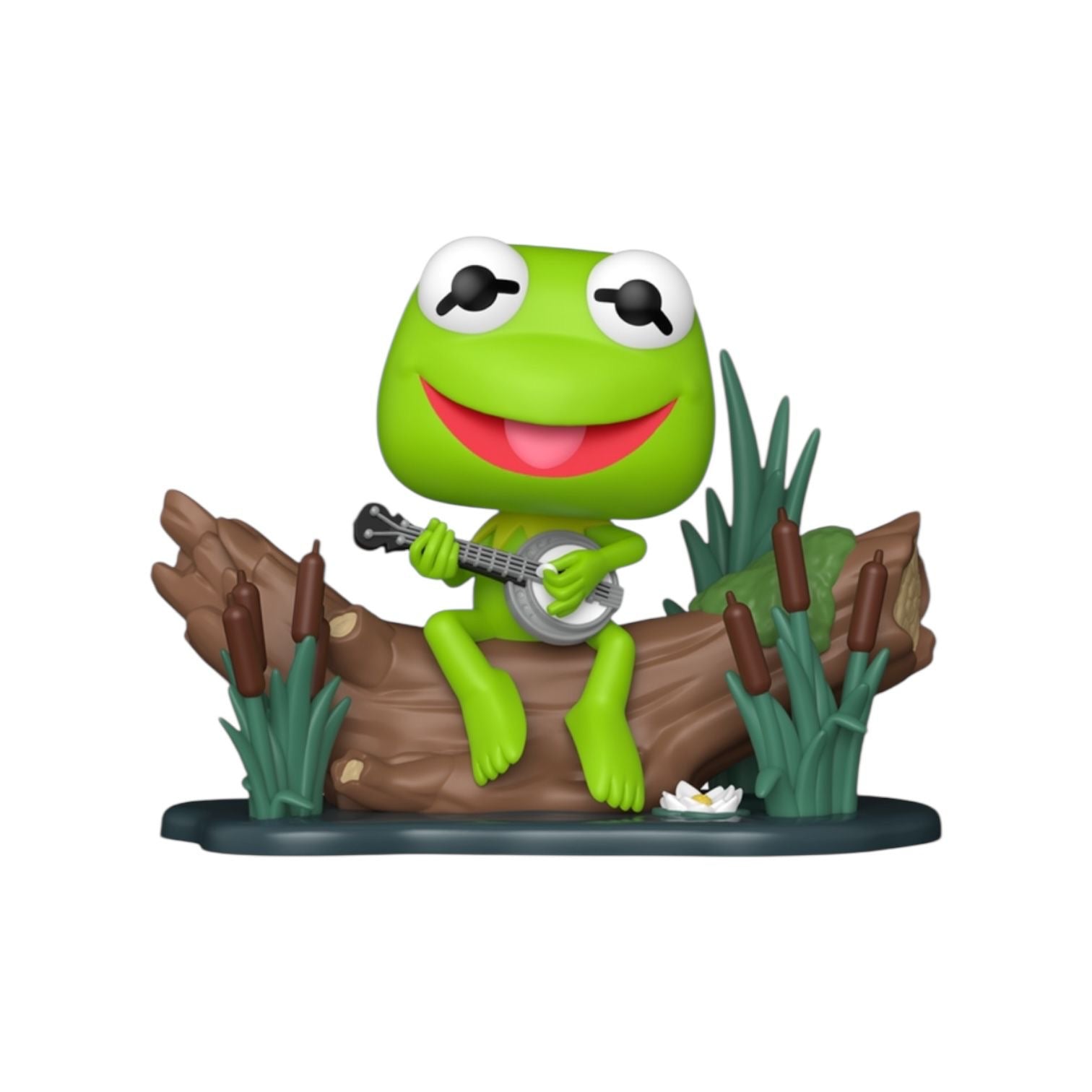 Green frog figurine playing a banjo on a log with plants around, on a white background