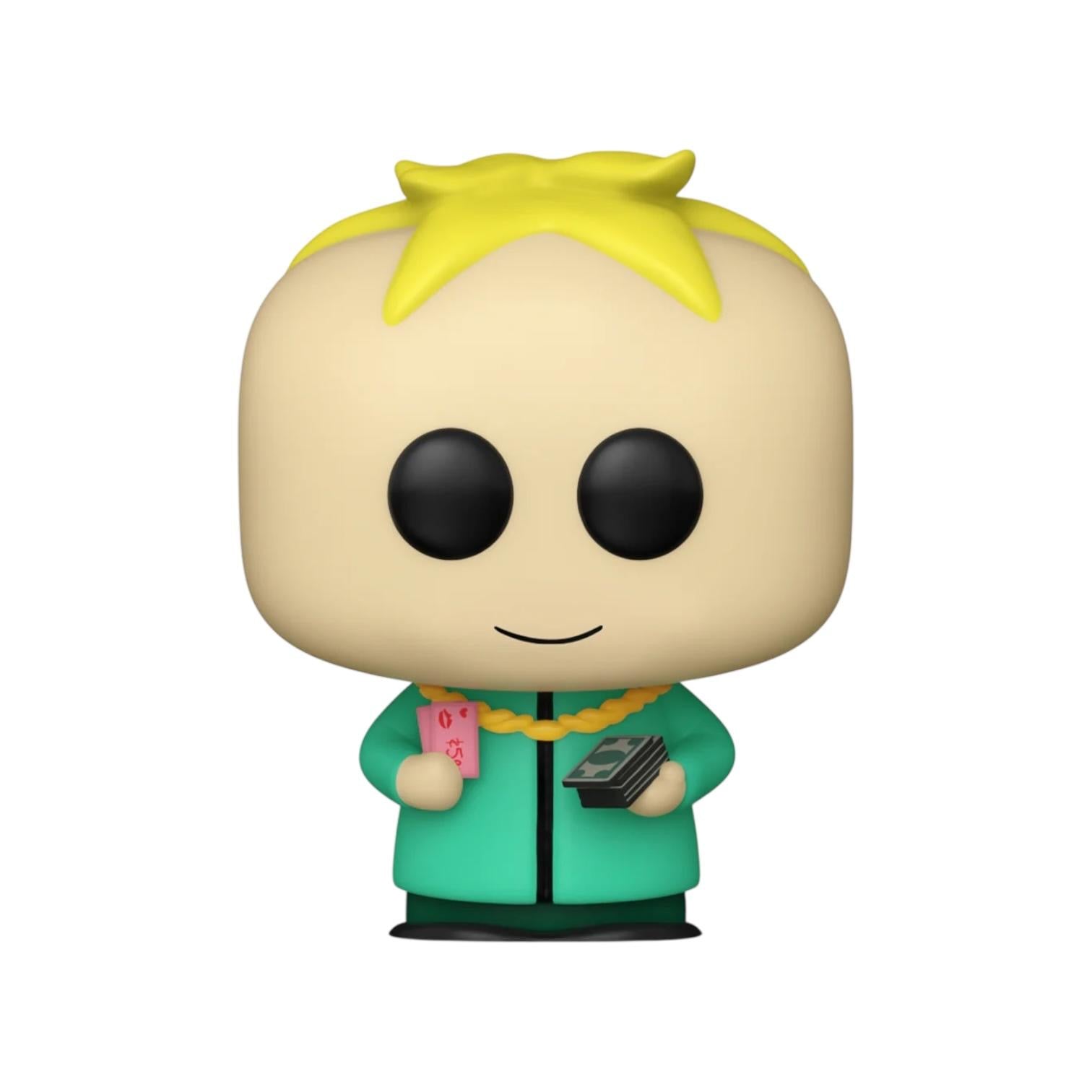 Funko Pop! vinyl figure with yellow hair and green jacket on a white background
