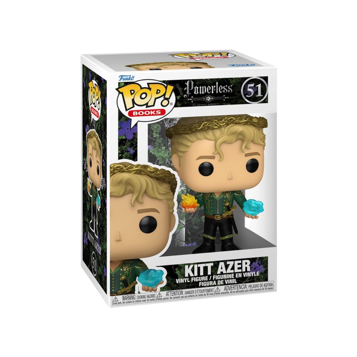 Funko Pop! Books Powerless Kitt Azer vinyl figure number 51 in its original window box packaging, featuring a blonde character in a green and black outfit holding a glowing blue orb.