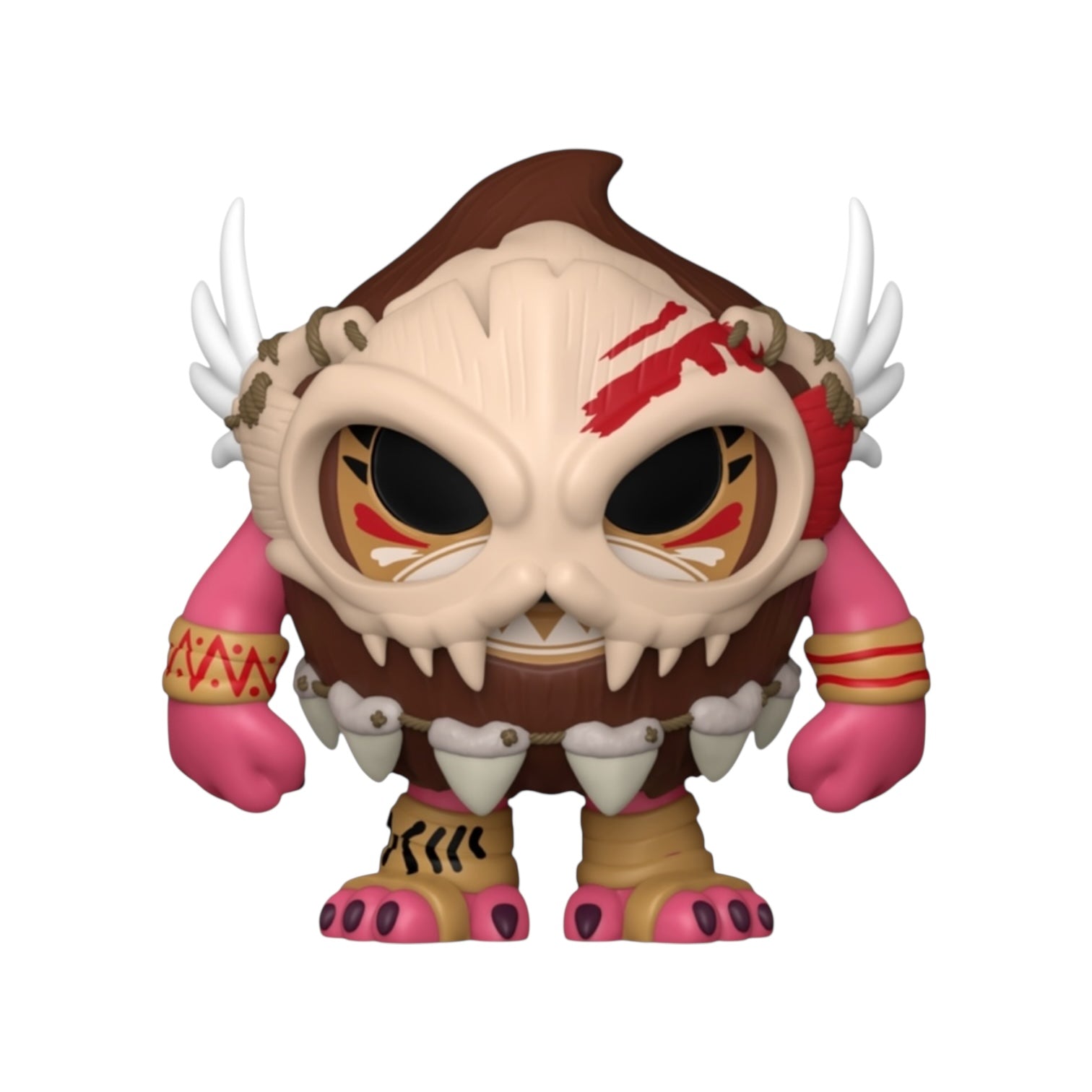 Monster-like figurine with pink arms, brown body, and white horns on a white background