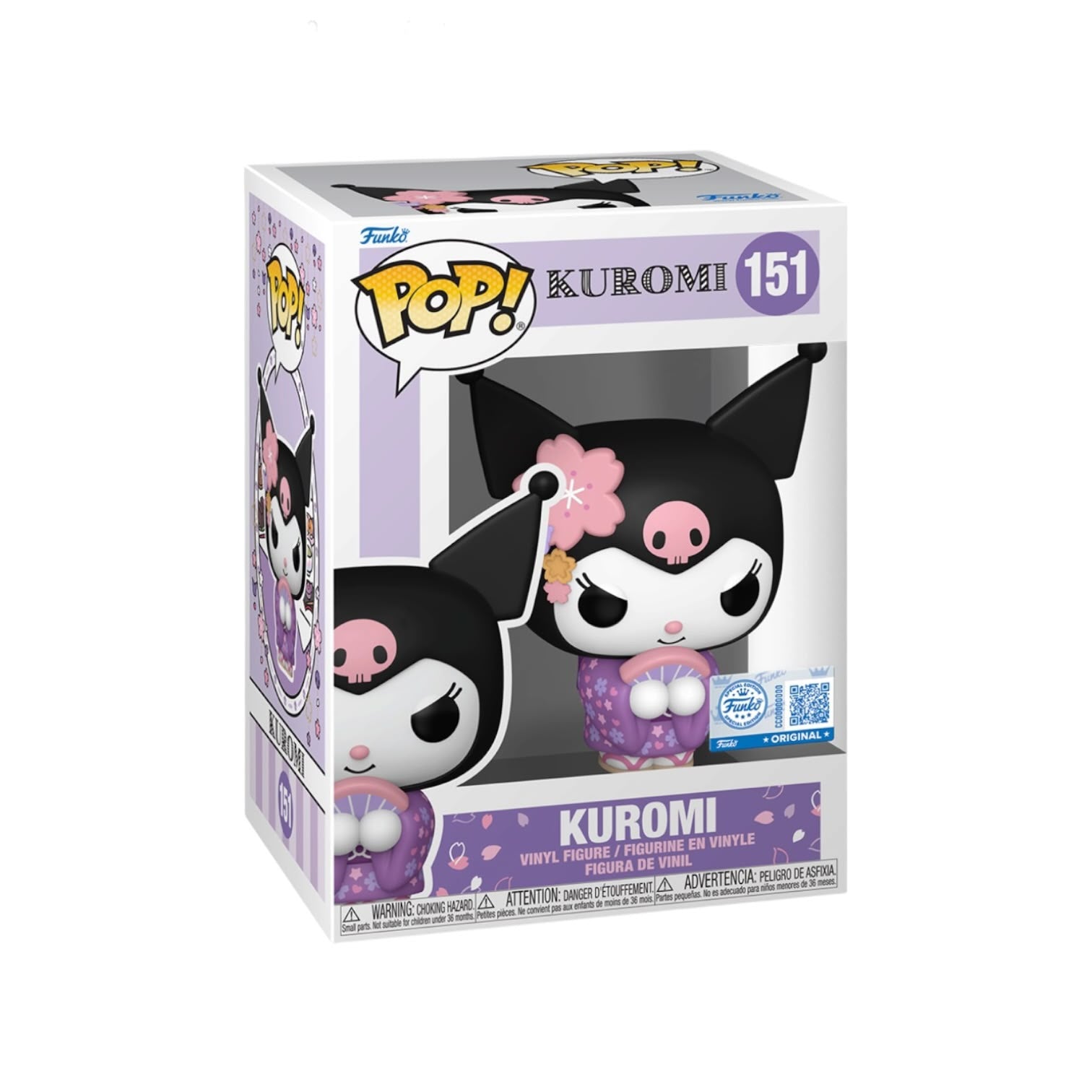 Funko Pop! Kuromi vinyl figure number 151 in its original packaging, featuring the character with black hair, a pink flower, and a purple patterned dress against a white and purple box.