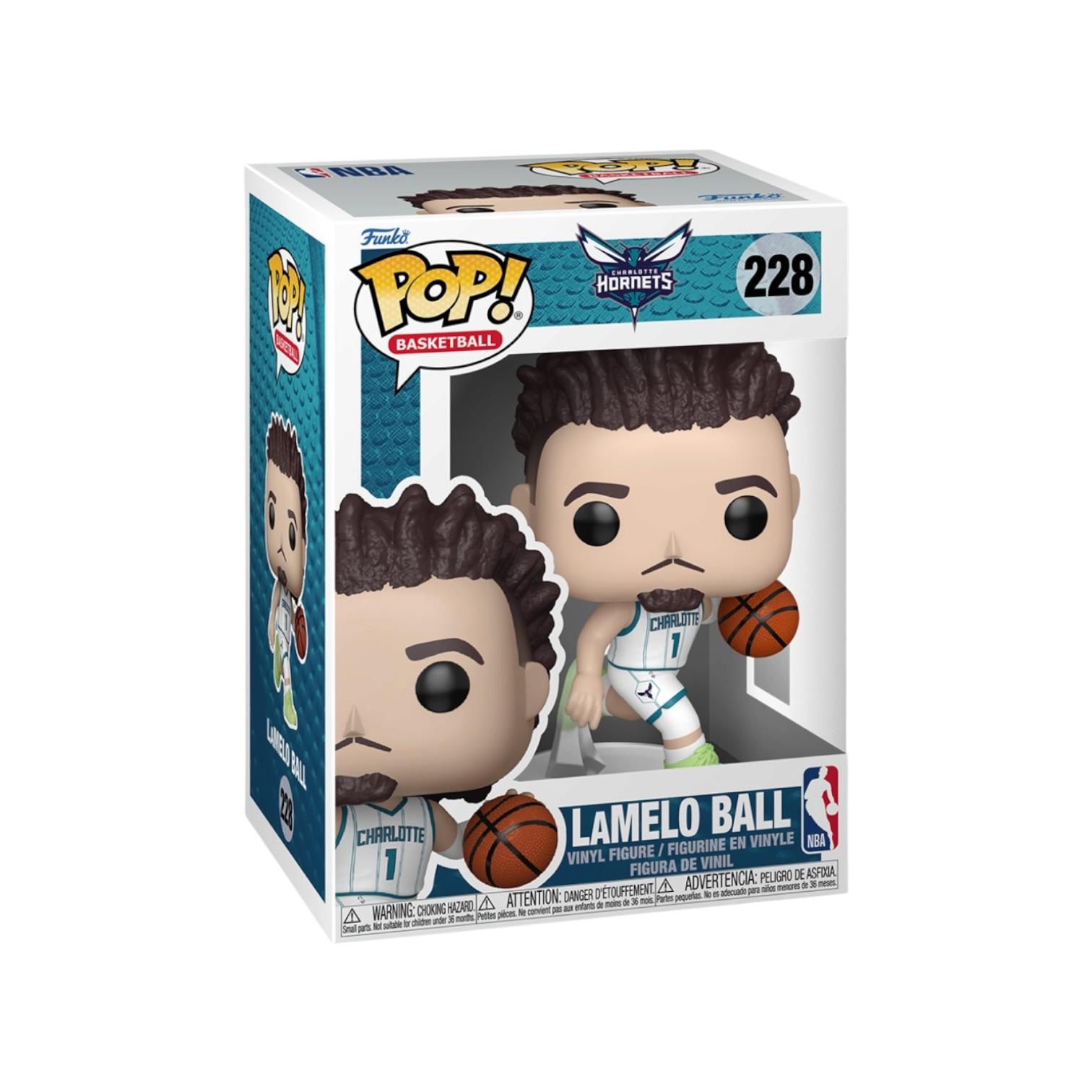 Funko Pop! basketball figure packaging with Lamelo Ball, Charlotte Hornets logo, and NBA branding.