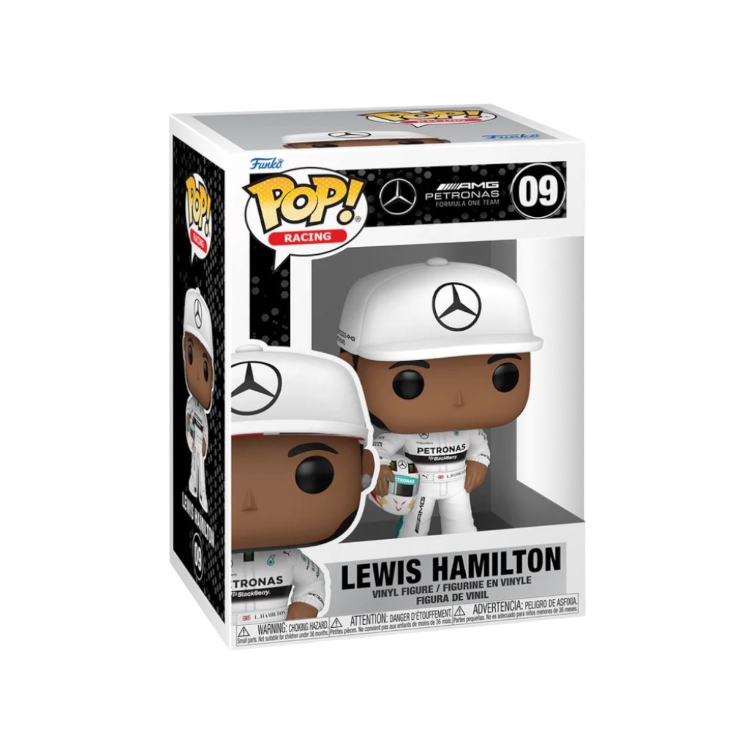 Funko Pop! figure of Lewis Hamilton in a white race suit, representing the Mercedes-AMG PETRONAS Formula 1 Team.