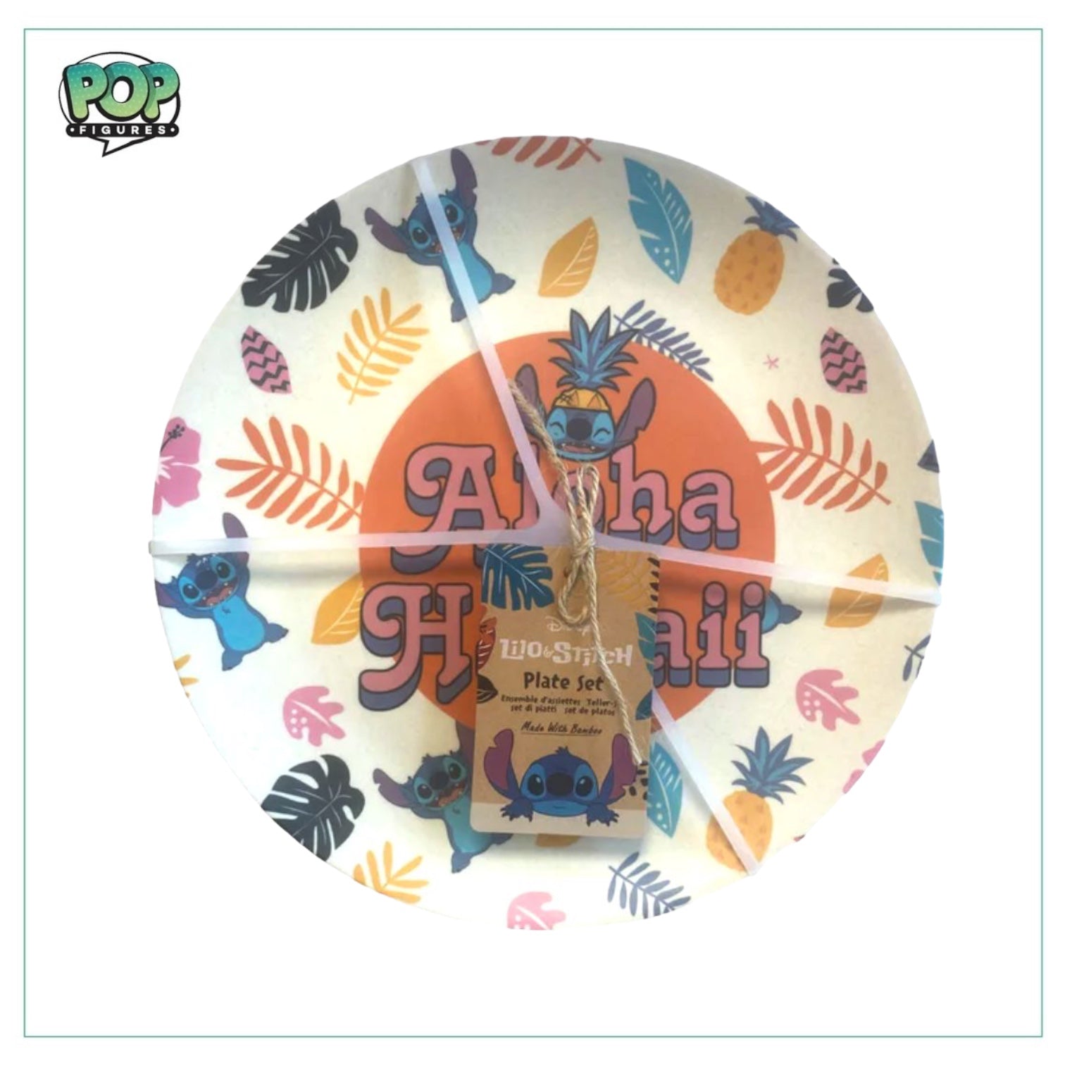 Lilo and Stitch Funko bamboo plate set featuring four colorful plates with character designs, perfect for fans and collectors.