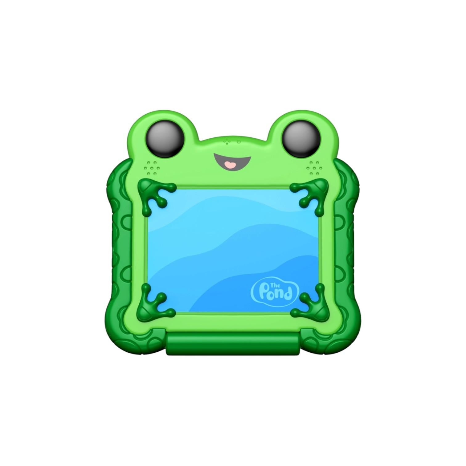 Green toy tablet with frog design on a white background