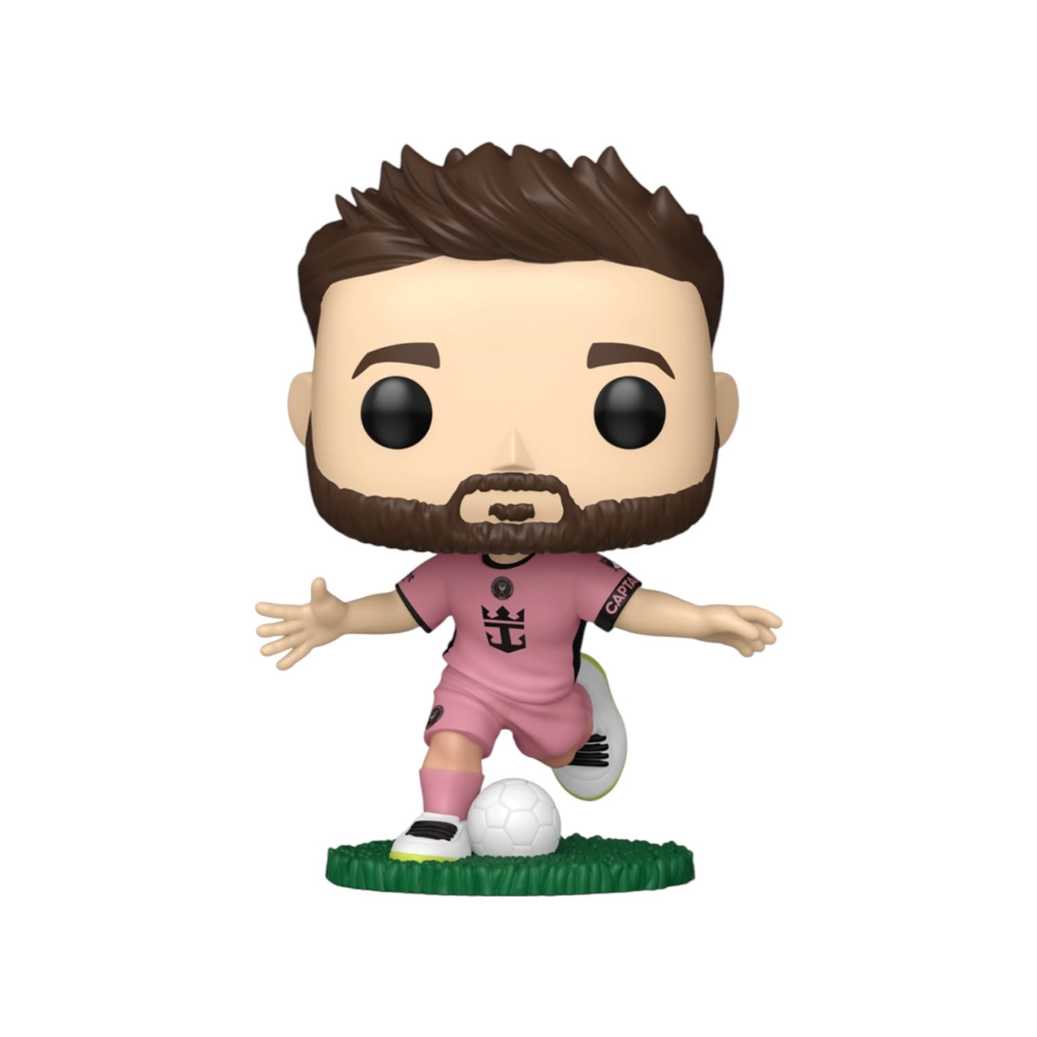 A Funko Pop! vinyl figure of a soccer player with brown hair and beard, wearing a pink jersey and shorts, standing on a green base next to a white soccer ball.