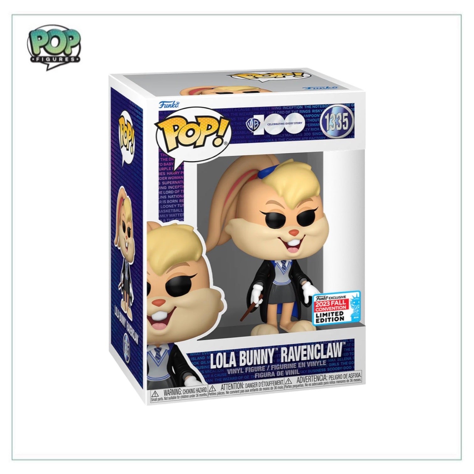 Funko Pop! of Lola Bunny dressed in Ravenclaw colors, part of the WB 100 NYCC 2023 Shared Exclusive collection.