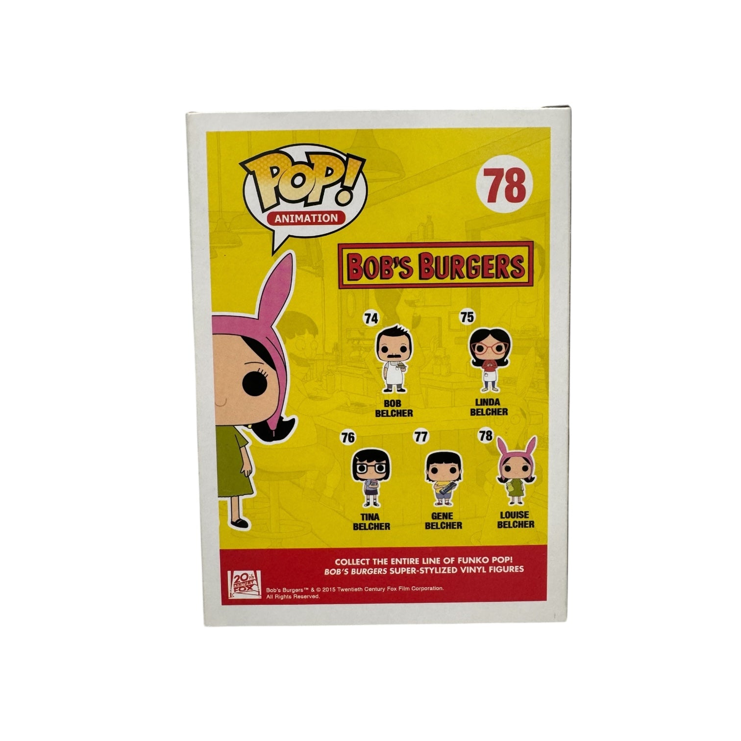 Louise Belcher | Funko Pop | Bob's Burgers . Louise in green dress holding a green teddy wearing pink rabbit ears. 
