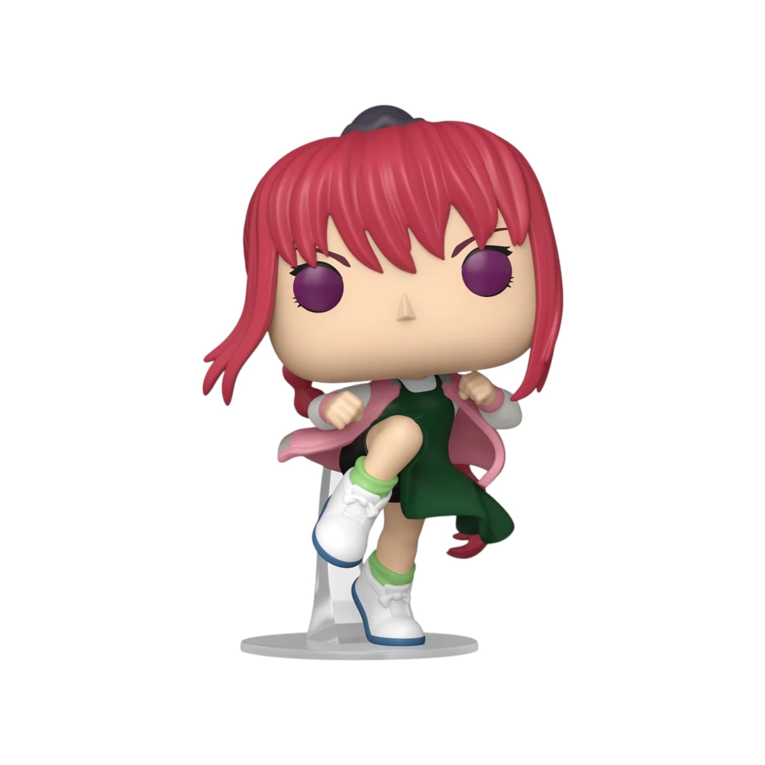 Anime character figurine with red hair and green dress on a white background