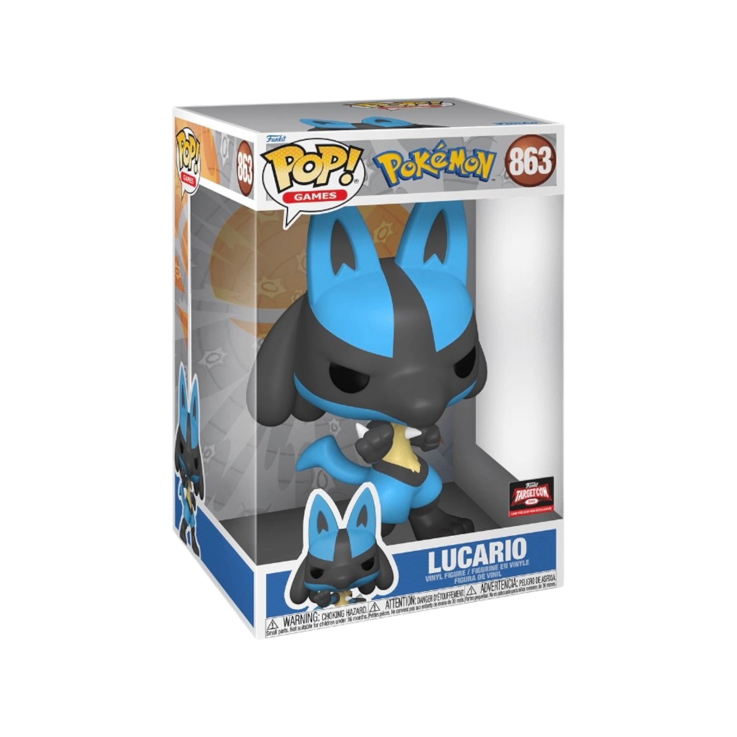 Lucario #863 10" Funko Pop! from Pokémon, Target Con 2022 Exclusive, rated 7.5/10 for condition.