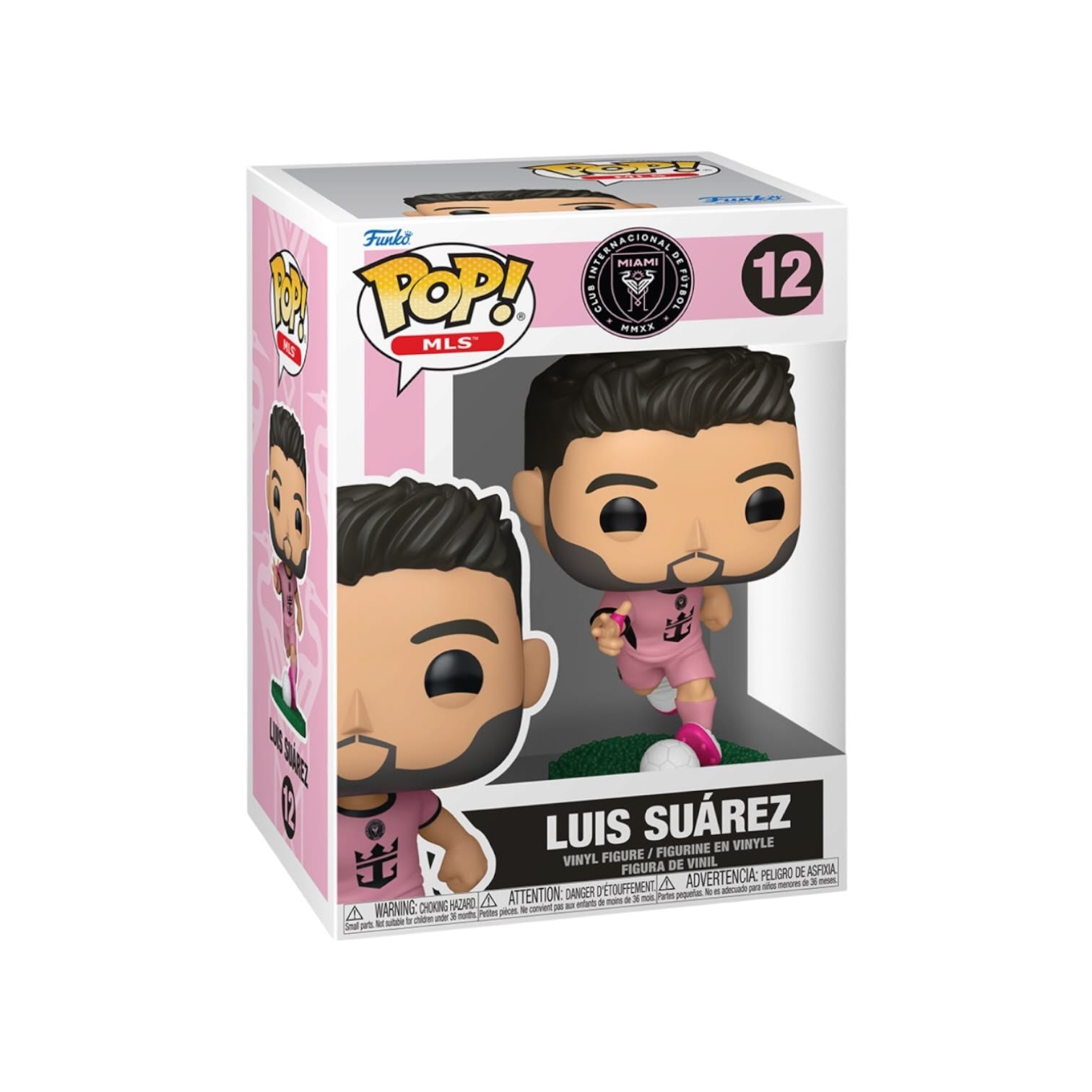 Funko Pop! Vinyl Figure of Luis Suárez, number 12, in its original pink and white packaging box. The collectible figure features his signature pink and white striped shirt, black hair, and beard.