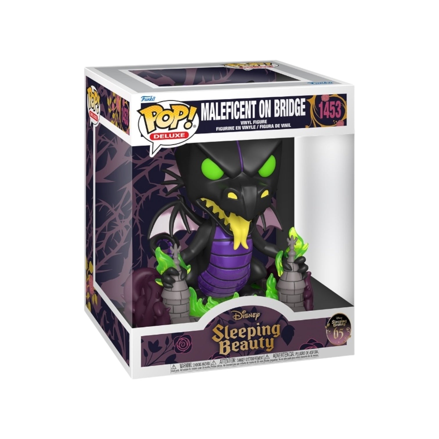  Funko Deluxe Pop! of Maleficent on a bridge, featuring her signature horns and flowing gown from Sleeping Beauty.
