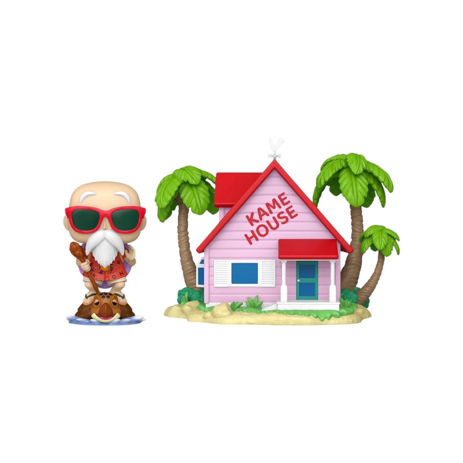 Master Roshi at Kame House Master Roshi wearing red sunglasses ,
next to Kame house pink walls and red roof displayion KAME HOUSE in rde paint ion one wall 