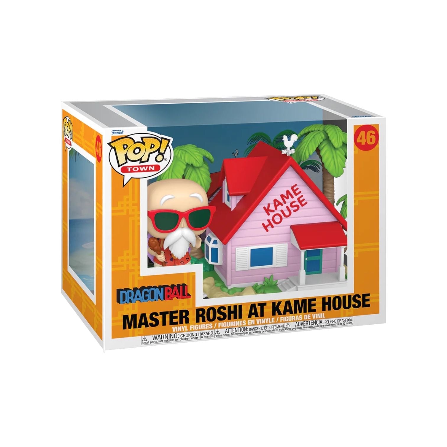 Master Roshi at Kame House Master Roshi wearing redf sunglasses, next to Kame house pink walls and red roof displayion KAME HOUSE in rde paint ion one wall 