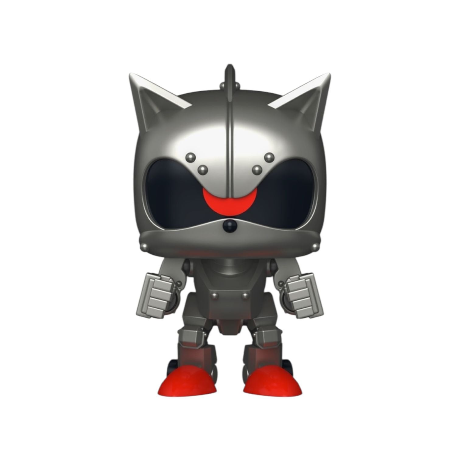 Toy figure with a metallic suit and red accents on a white background