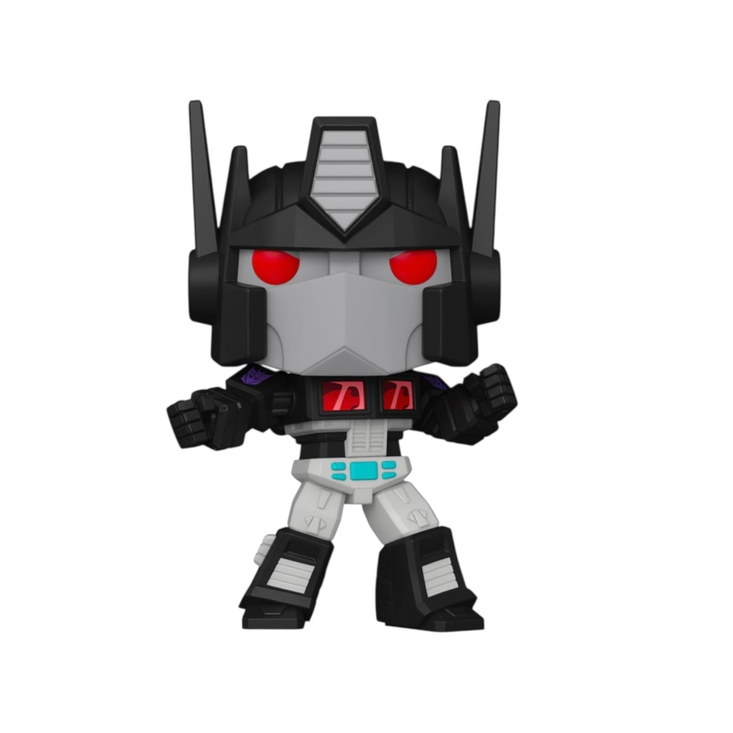 Toy figure of a robot with black, gray, and red colors on a white background