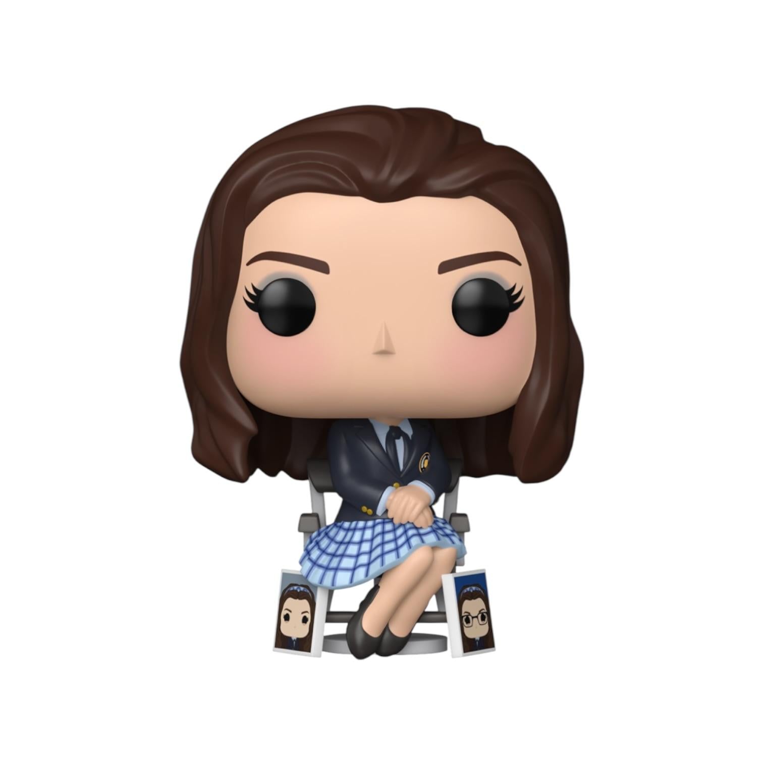 Funko Pop! vinyl figure of a character with brown hair, wearing a suit and plaid skirt, sitting on a chair.