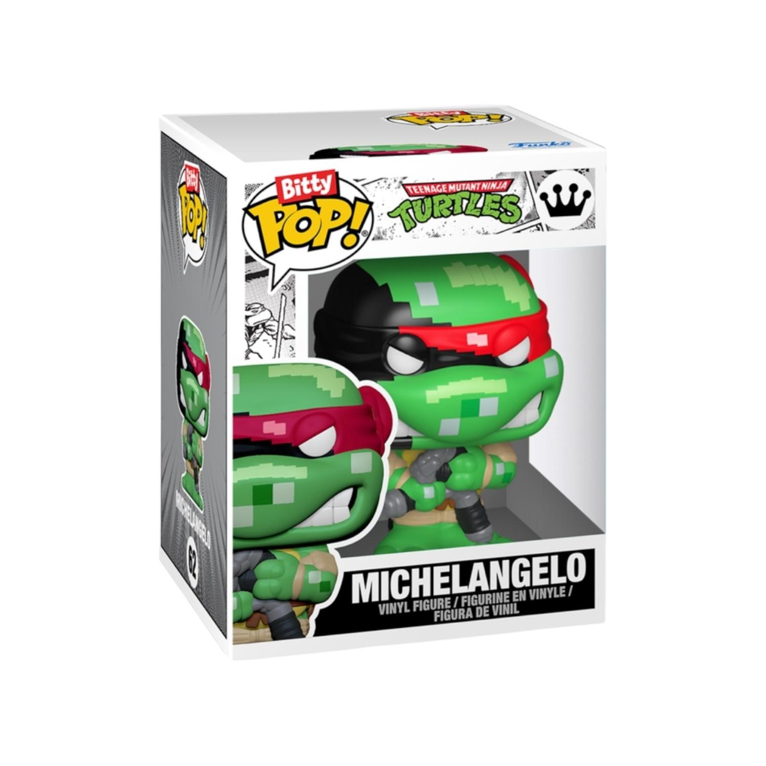 Bitty Pop! Michelangelo toy figure packaging with Teenage Mutant Ninja Turtles branding.
