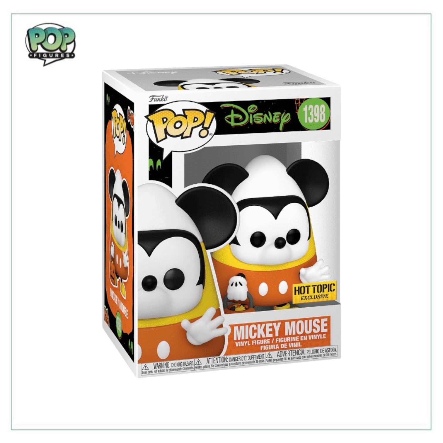  Funko Pop! Mickey Mouse #1398 dressed for Halloween, holding candy corn, exclusive from Hot Topic.