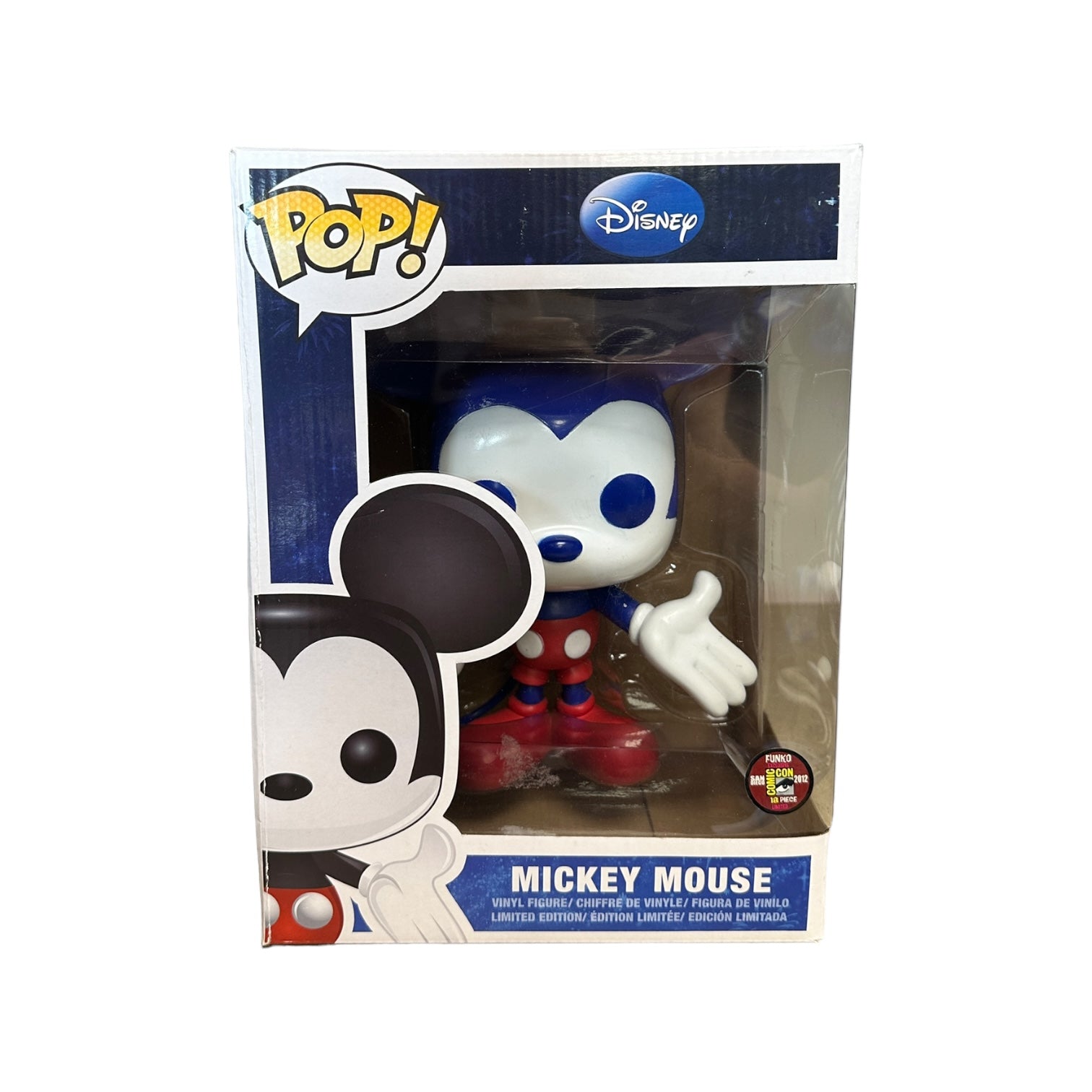 Mickey Mouse Funko Pop! in blue and red, 9 inches tall, SDCC 2012 exclusive, limited edition of 18 pieces, condition 5.5/10.