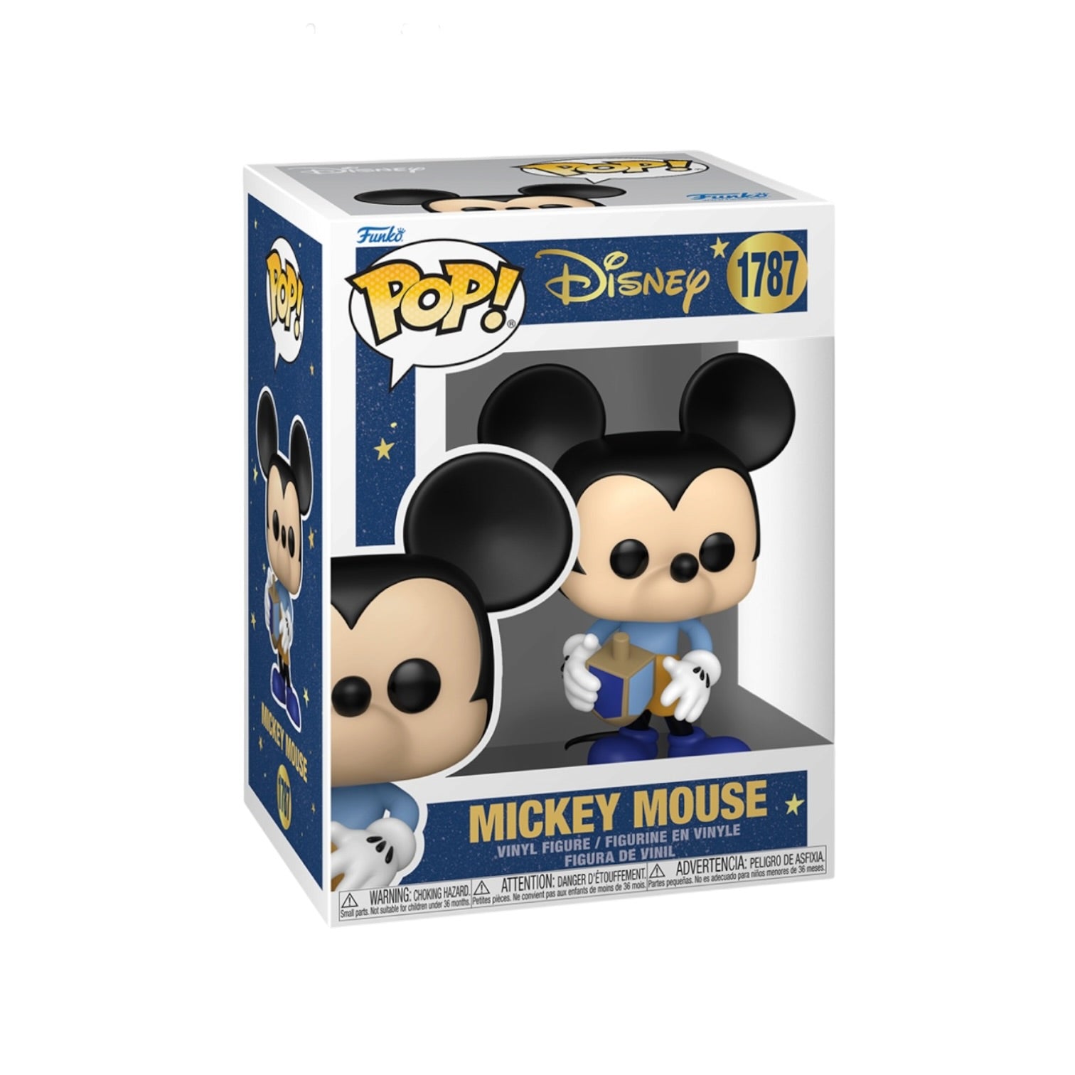 Funko Pop! Disney Mickey Mouse vinyl figure in its original box, number 1787. The figure has black ears, a beige face and hands, and a blue outfit with white gloves.
