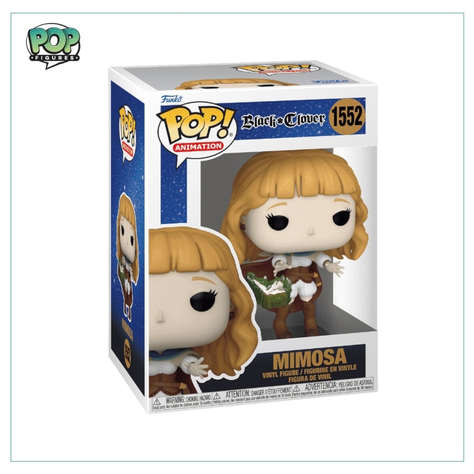  Funko Pop! figure of Mimosa #1552 from Black Clover, showcasing her vibrant design and distinctive features.