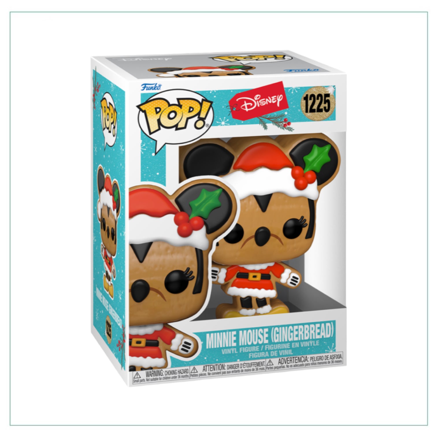 Funko Pop! of Minnie Mouse as a gingerbread cookie, dressed in a holiday outfit, with festive colors and cheerful expression.