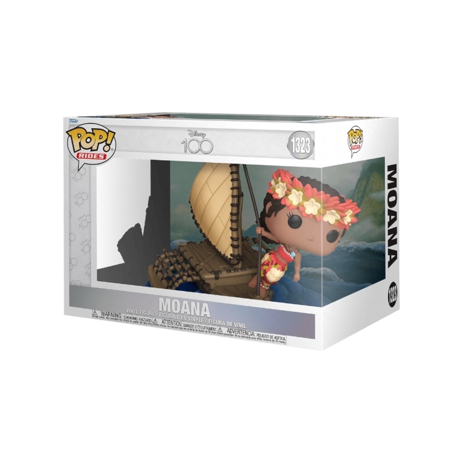 Moana #1323 Funko Rides Pop! figure celebrating Disney's 100th anniversary, featuring Moana on her boat with Pua.