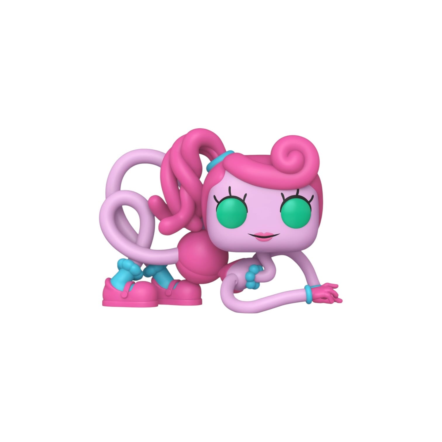 Pink toy figure with green eyes on a white background