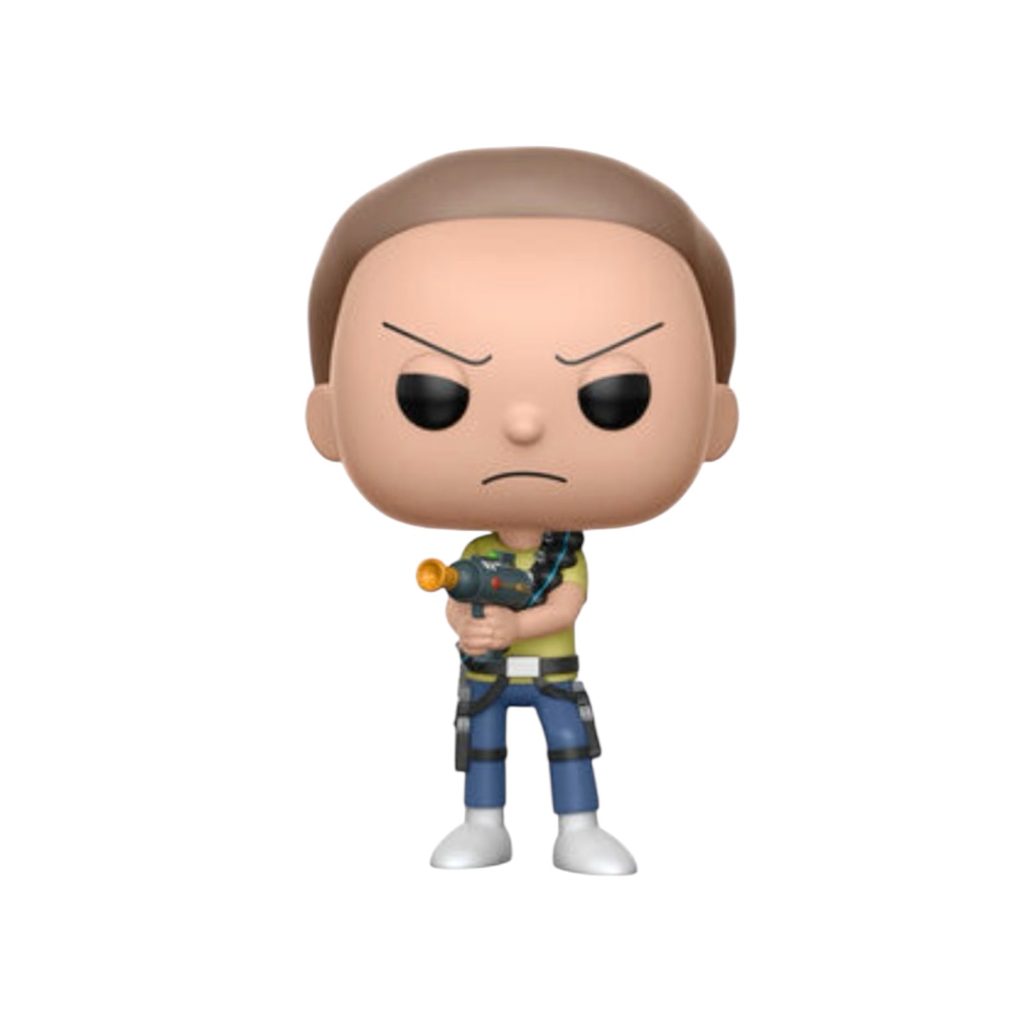 Morty with a yellow t-shirt and blue jeans holding a blaster.