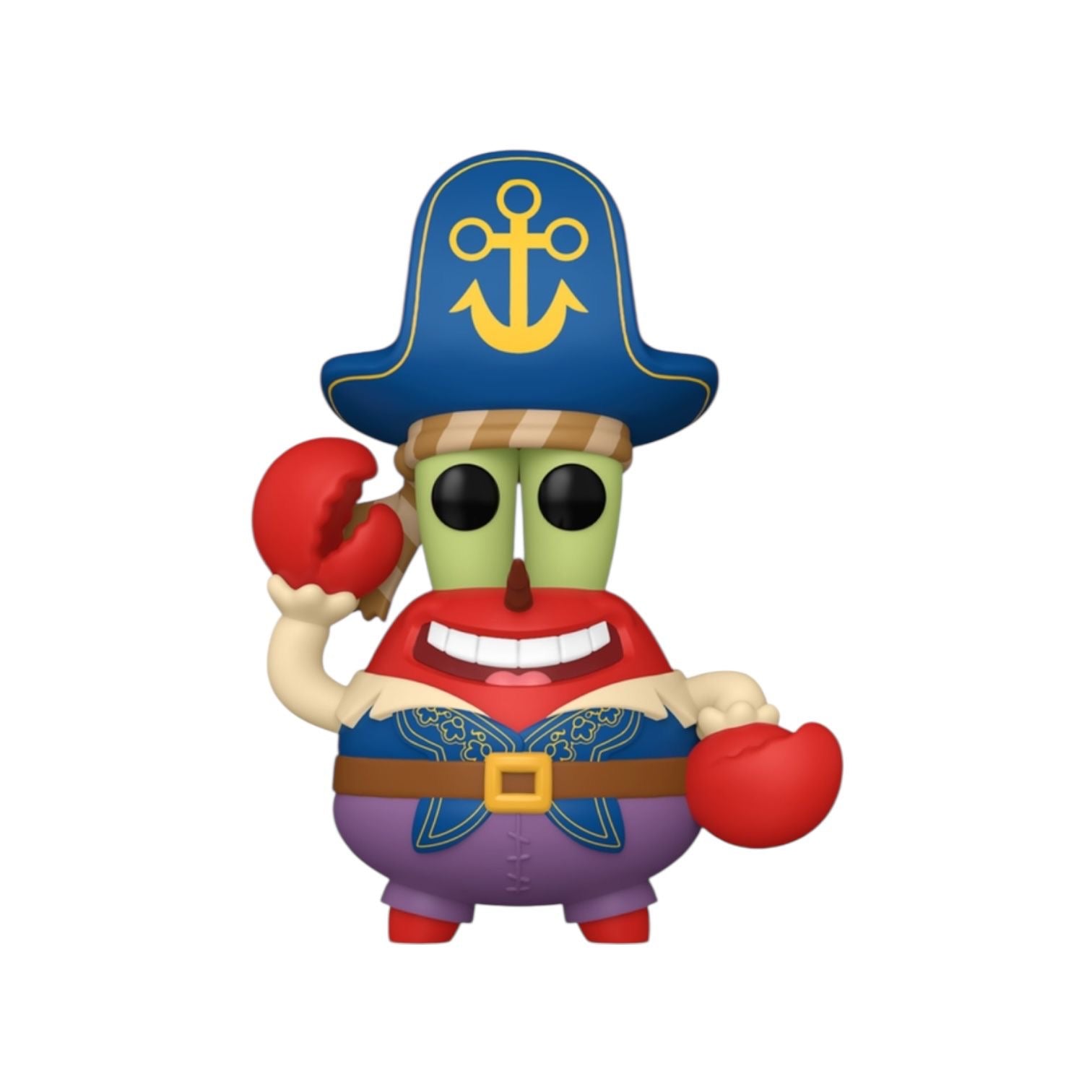 Cartoon character in a pirate costume with a blue hat and red shoes on a white background