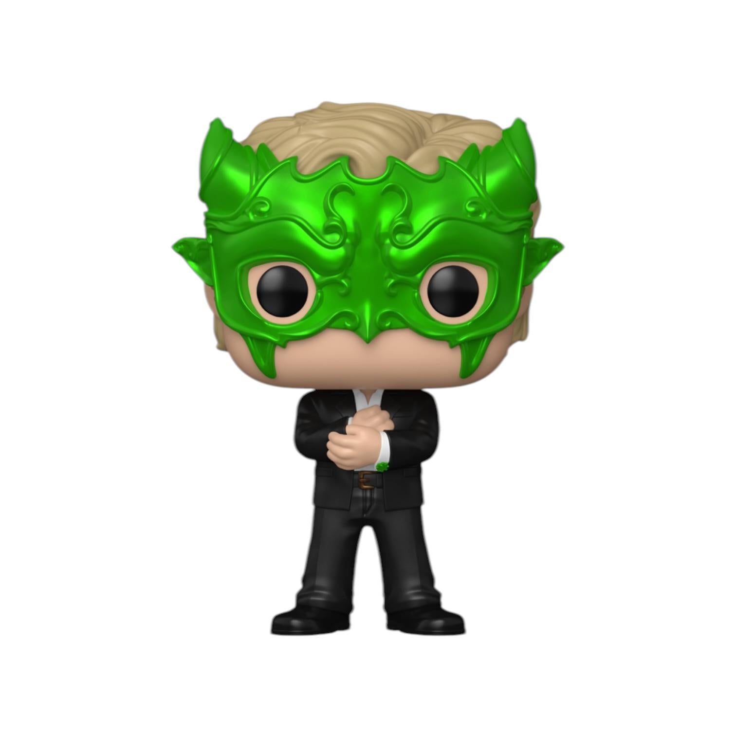 Figurine with a green mask and formal attire on a white background