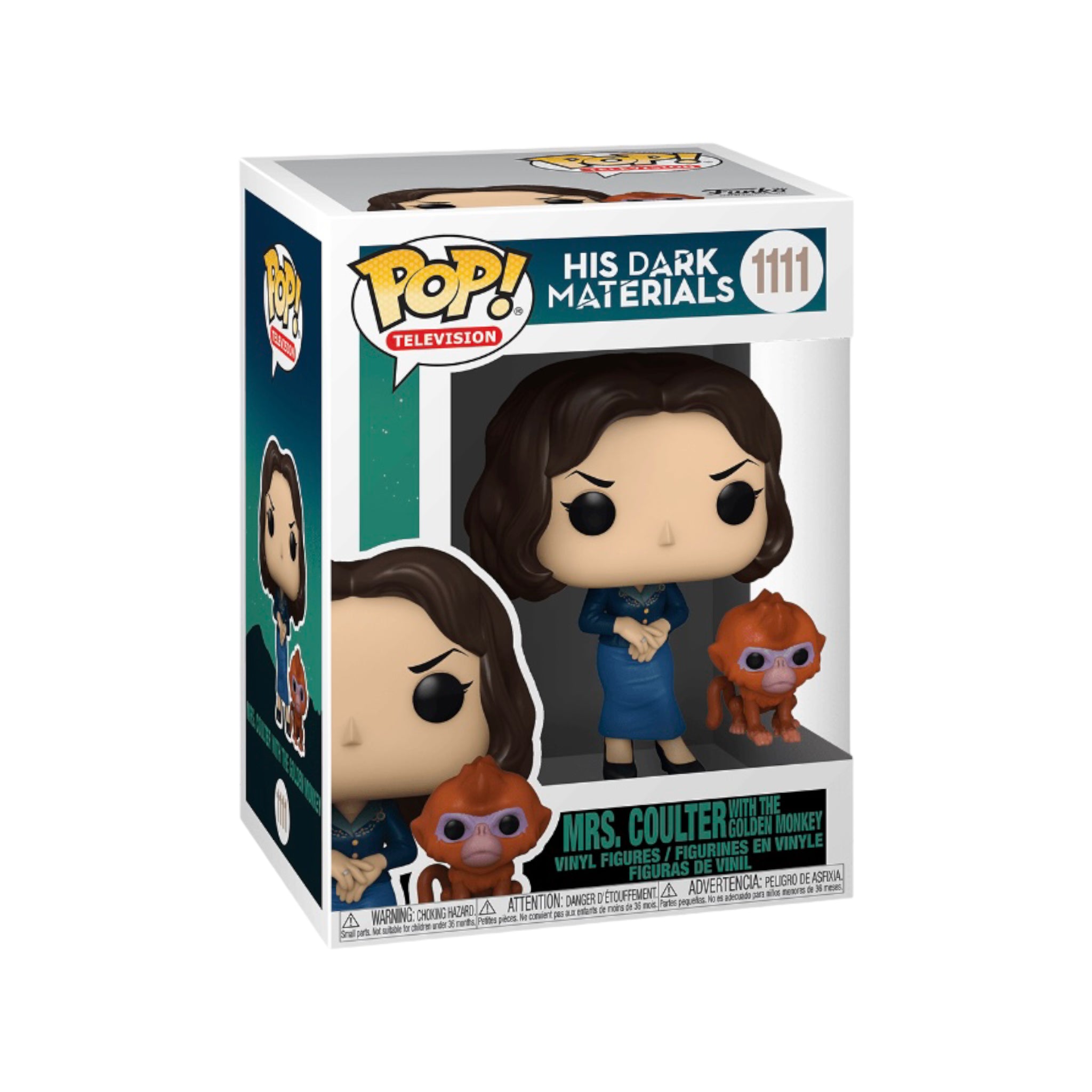 Funko Pop! of Mrs. Coulter and The Golden Monkey from His Dark Materials, featuring distinctive design and vivid hues.