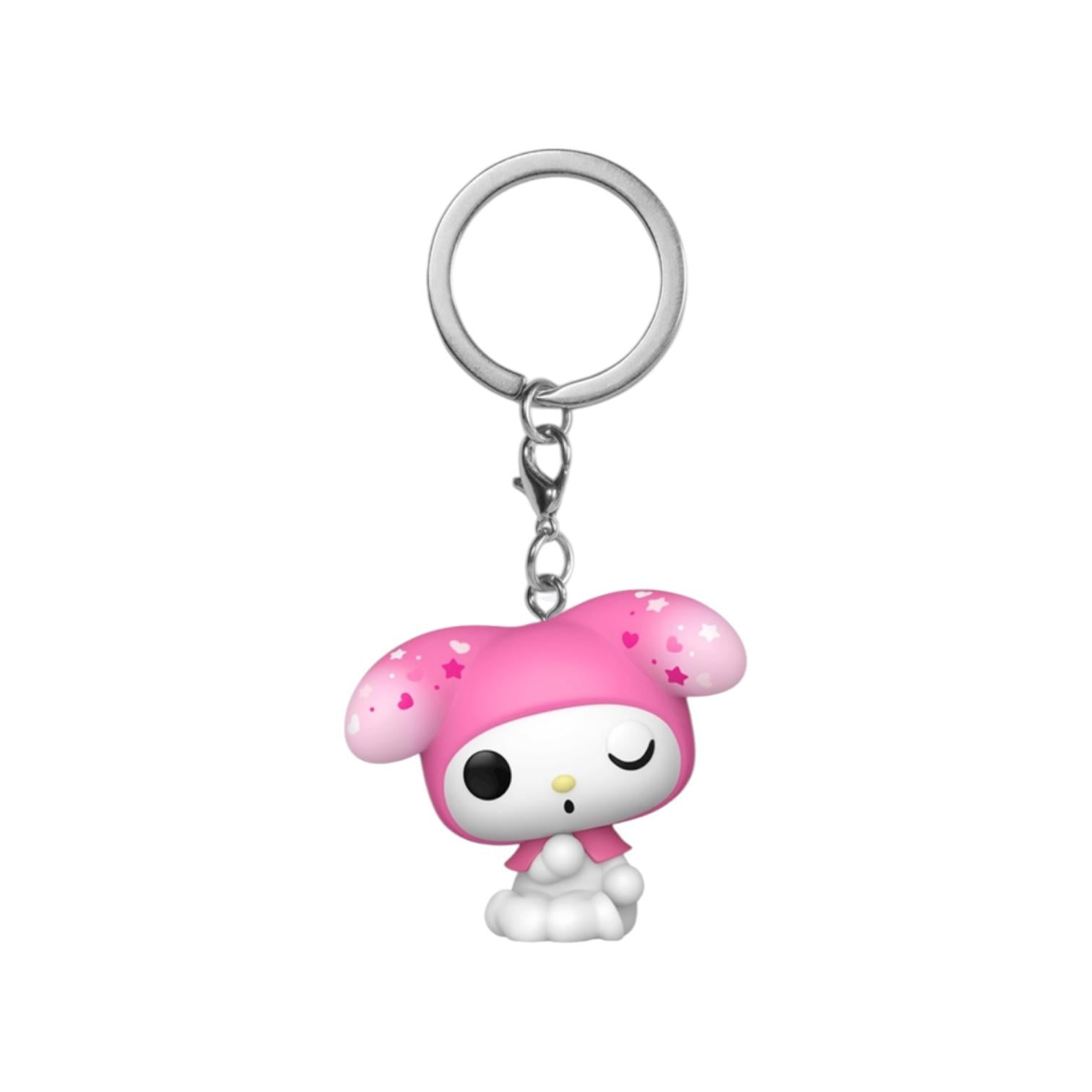Keychain with a cartoon character wearing a pink hat on a white background
